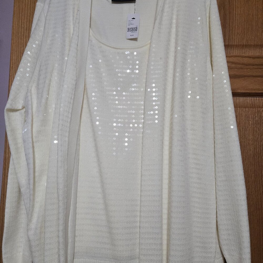 Long Sleeve 2-piece Sequin Cardigan, 18/20, Cream